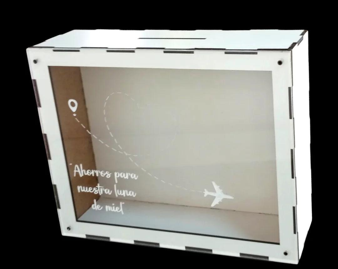 Hucha de madera y metacrilato personalizada para luna de miel – La Caseta de Julia