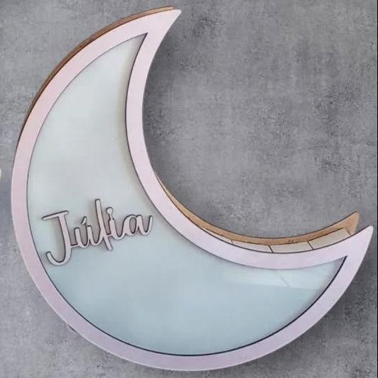 Lámpara en forma de luna personalizable con nombre – Luz decorativa infantil de pared o sobremesa – La Caseta de Julia