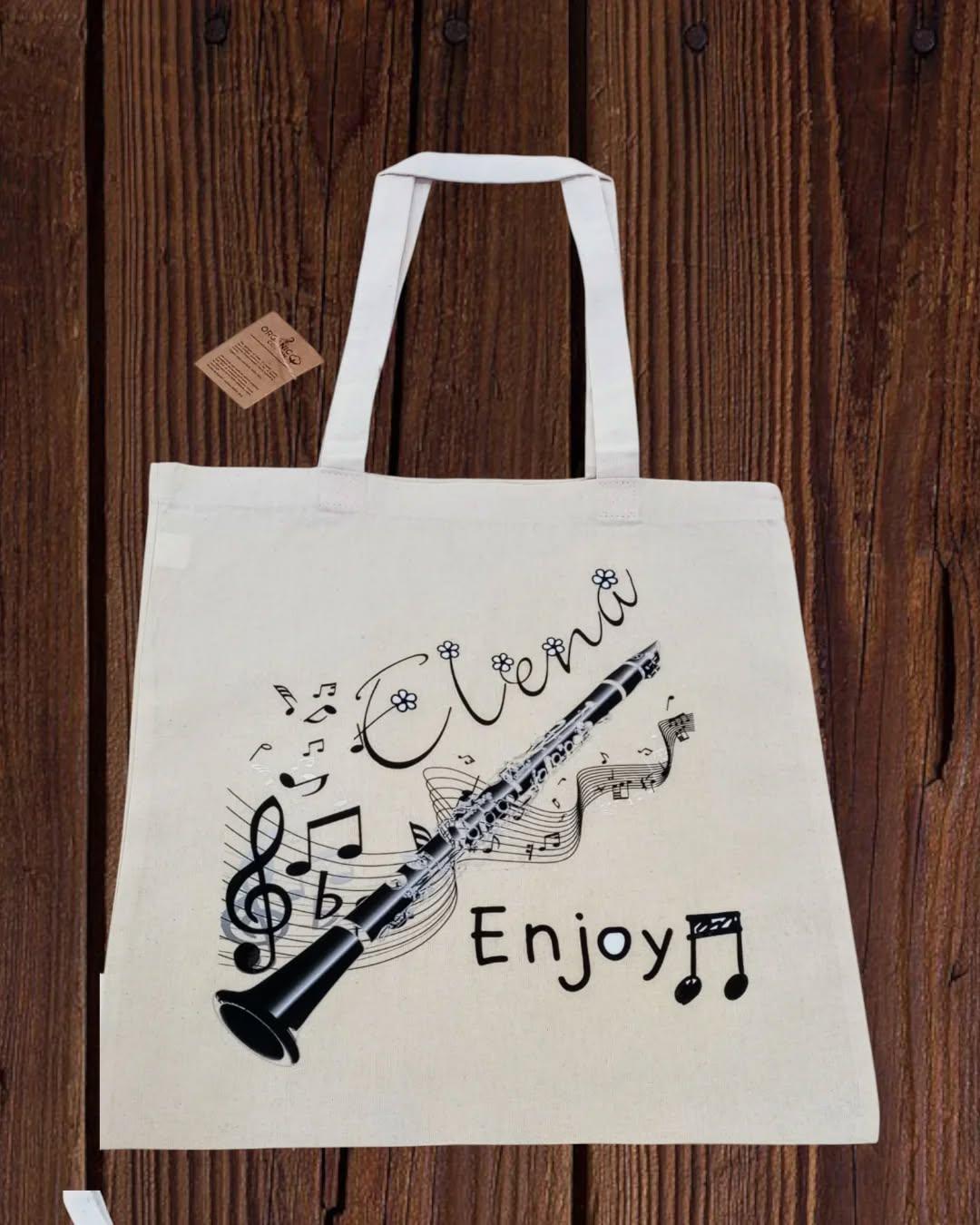 Tote bag de tela personalizada con nombre Elena, diseño musical y clarinete – Regalo para músicos – La Caseta de Julia