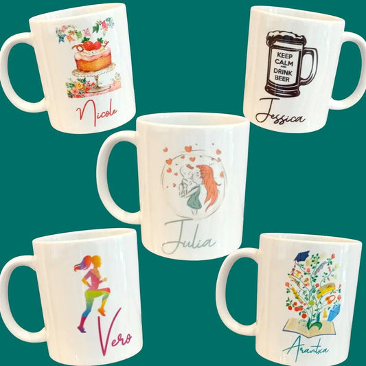 Tazas blancas personalizadas con nombres y diseños ilustrados – Regalo original para cualquier ocasión – La Caseta de Julia
