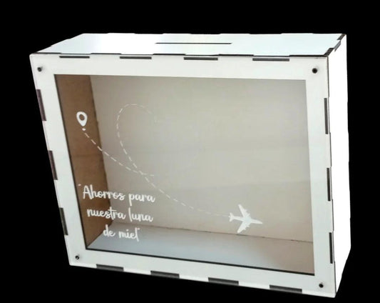 Hucha de madera y metacrilato personalizada para luna de miel – La Caseta de Julia
